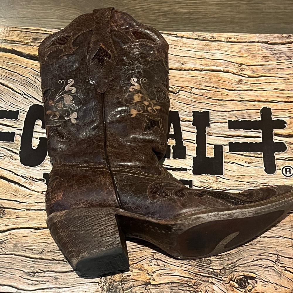 Corral Vintage Floral Distressed Brown Heeled Cowgirl Boots